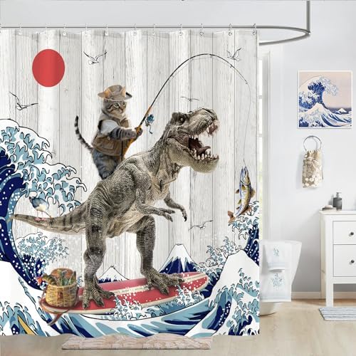 Fowocu Funny Cat Dinosaur Shower Curtain 78 Inch 1