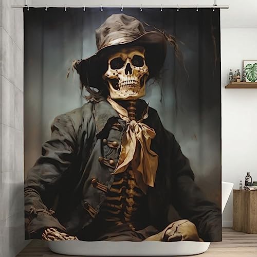 Black Skull Boho Shower Curtain Set with 12 Hooks 72x72in