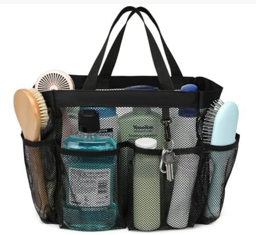 Portable Mesh Shower Caddy with 8 Pockets Black