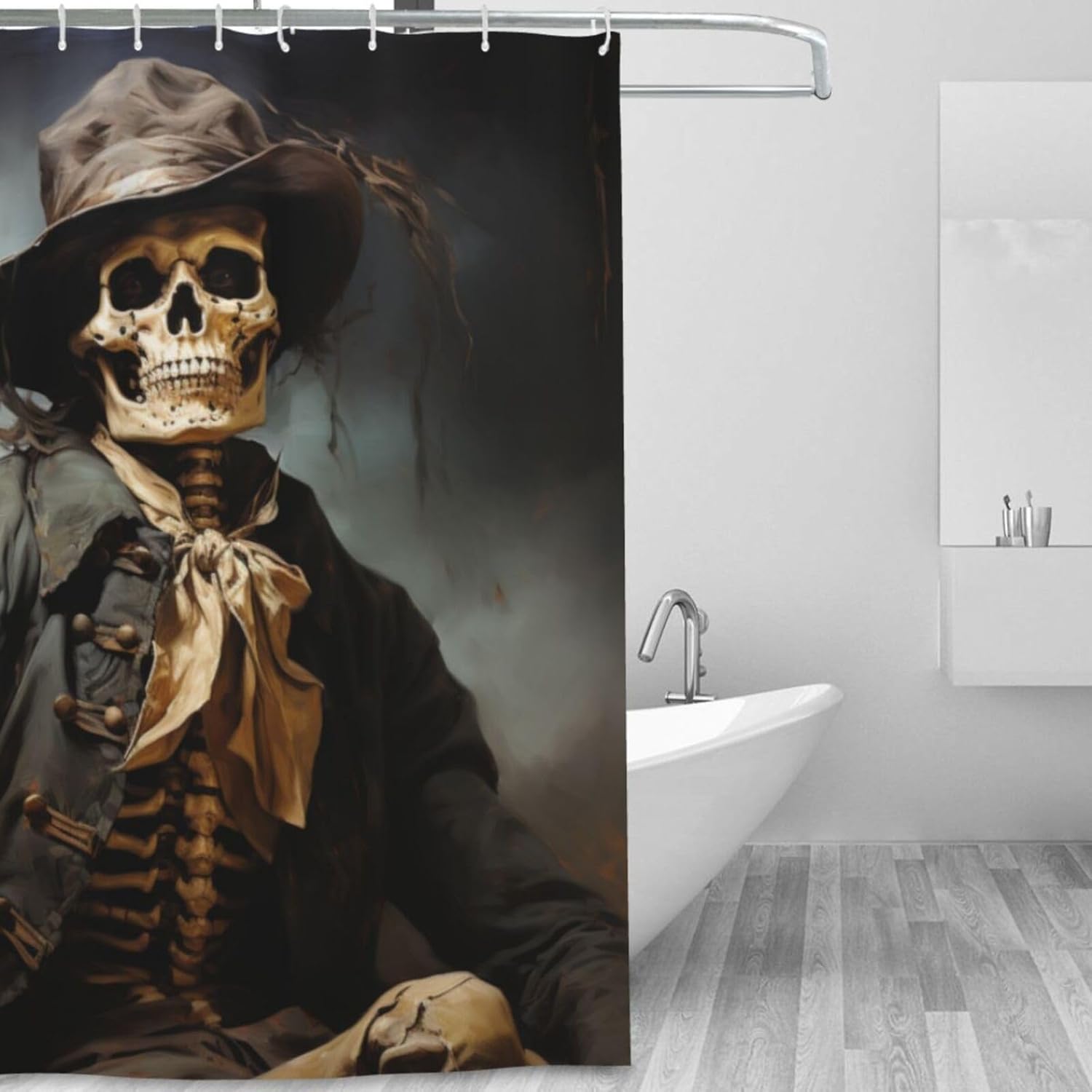 Black Skull Boho Shower Curtain Set with 12 Hooks 72x72in