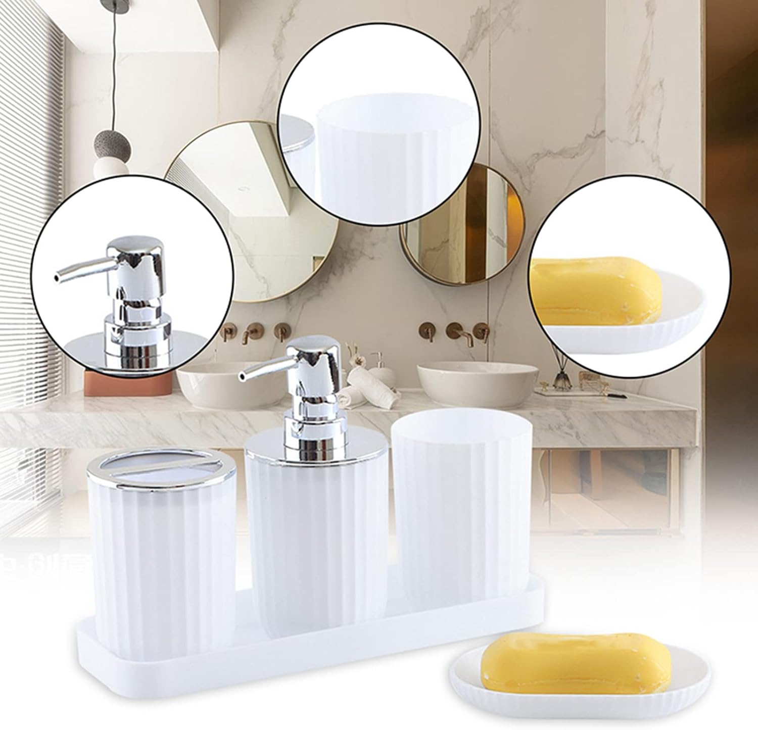 Bathroom Accessory Set with Soap Dispenser Toothbrush Cup Dish and Tray