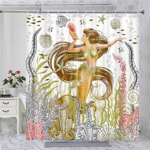 Coveimes Mermaid Shower Curtain with 12 Hooks 1
