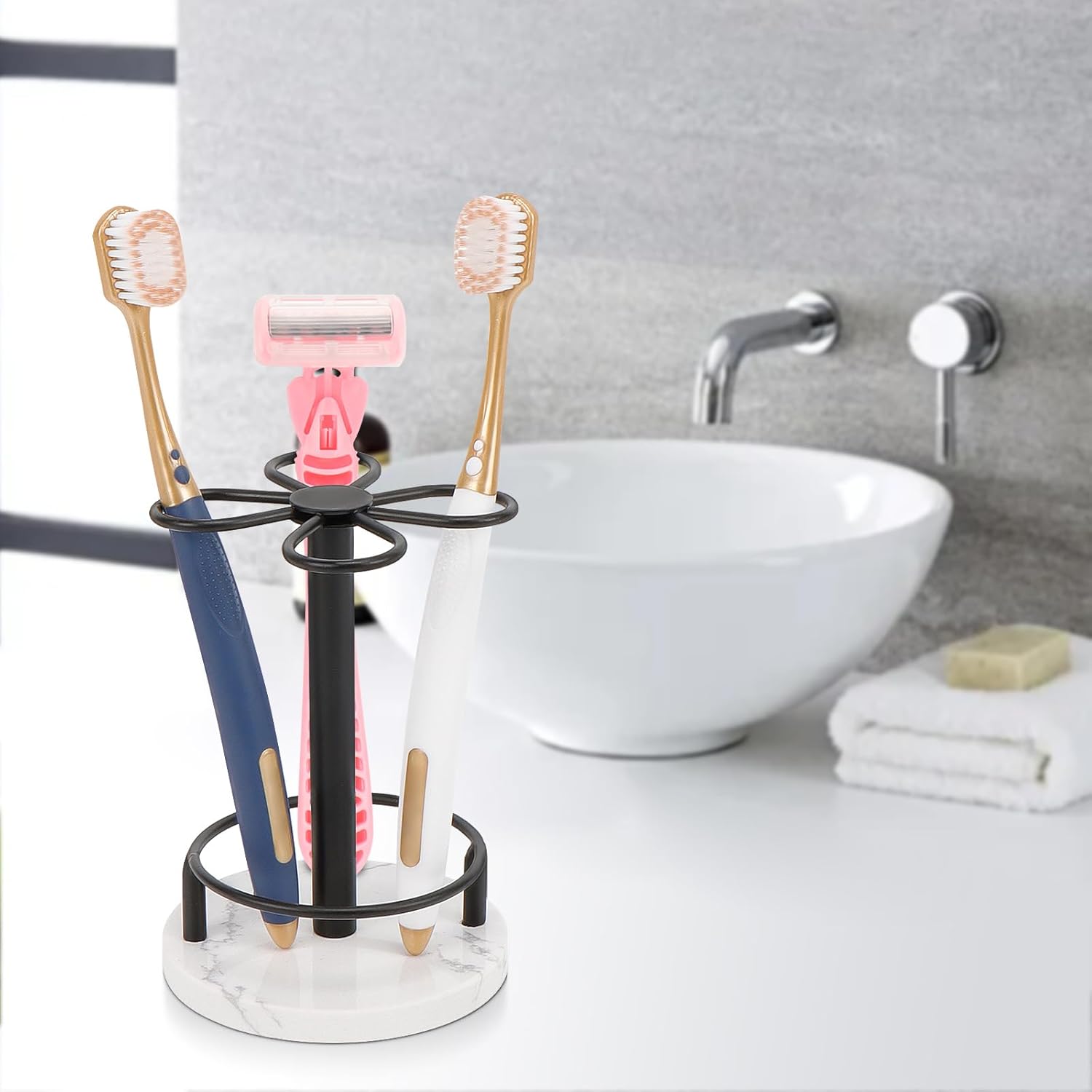 HarJue Matte Black Toothbrush Holder with Marble Base 1