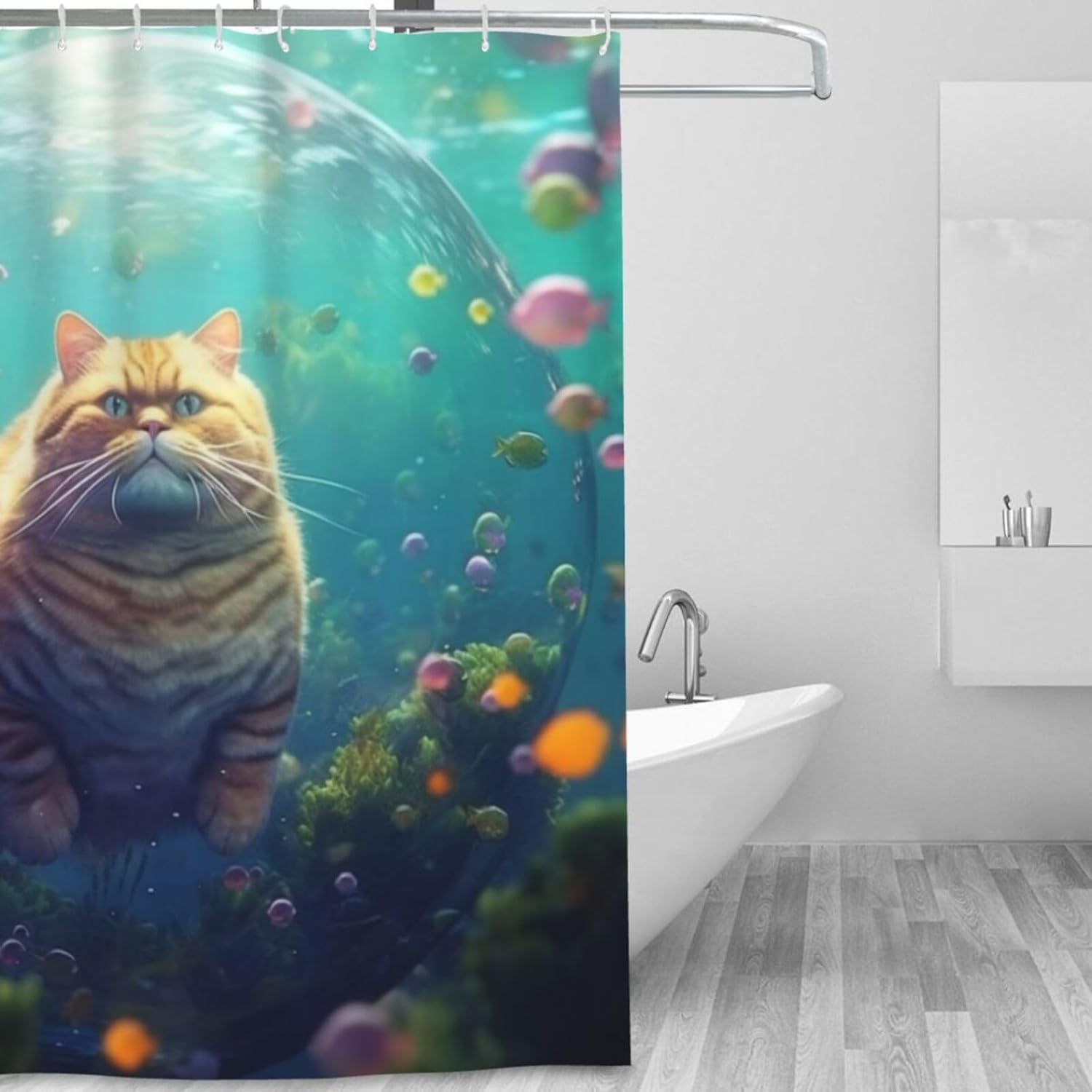 Cute Fat Cat Underwater Fun Fish Shower Curtain Set