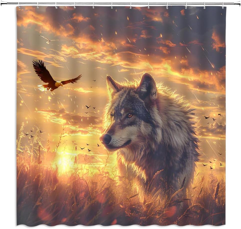 GIXKOXE Wolf Shower Curtain with Desert Sunset Design