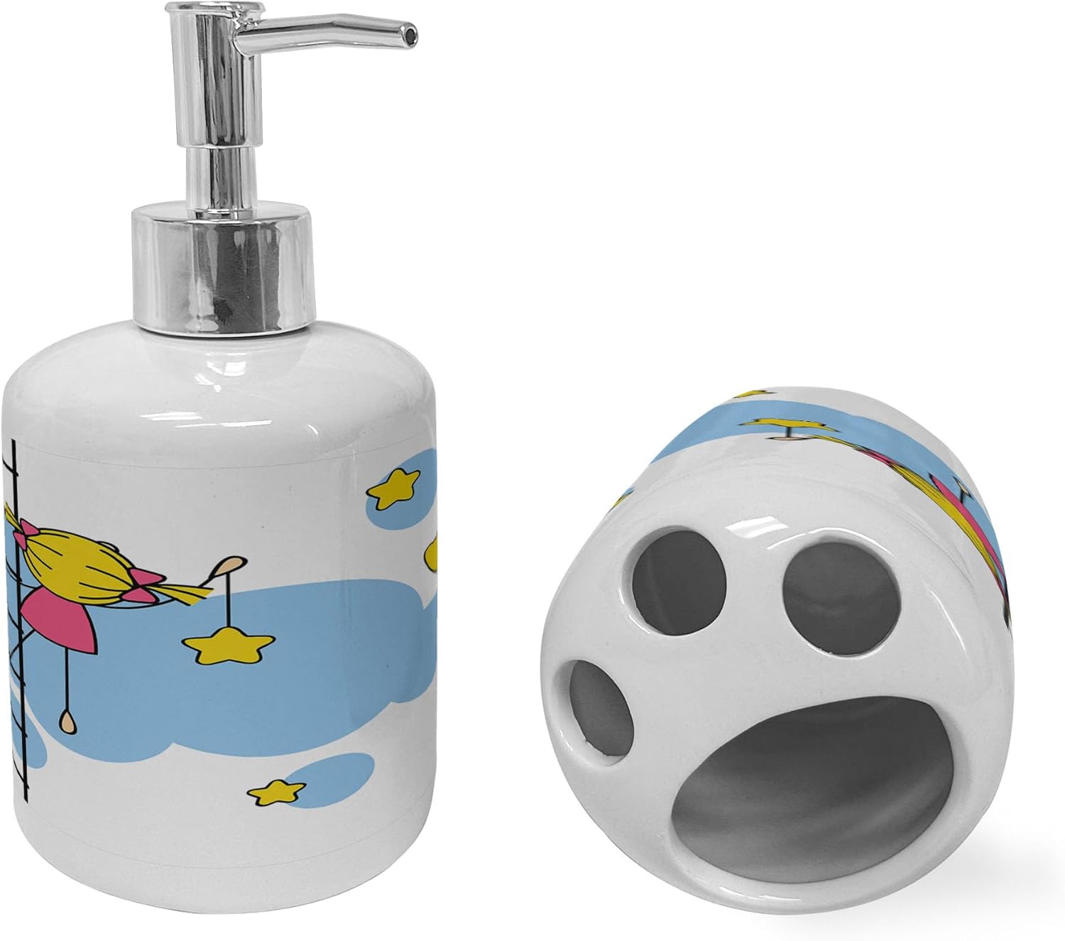 Ambesonne Star Soap Dispenser Toothbrush Holder Set Yellow Blue