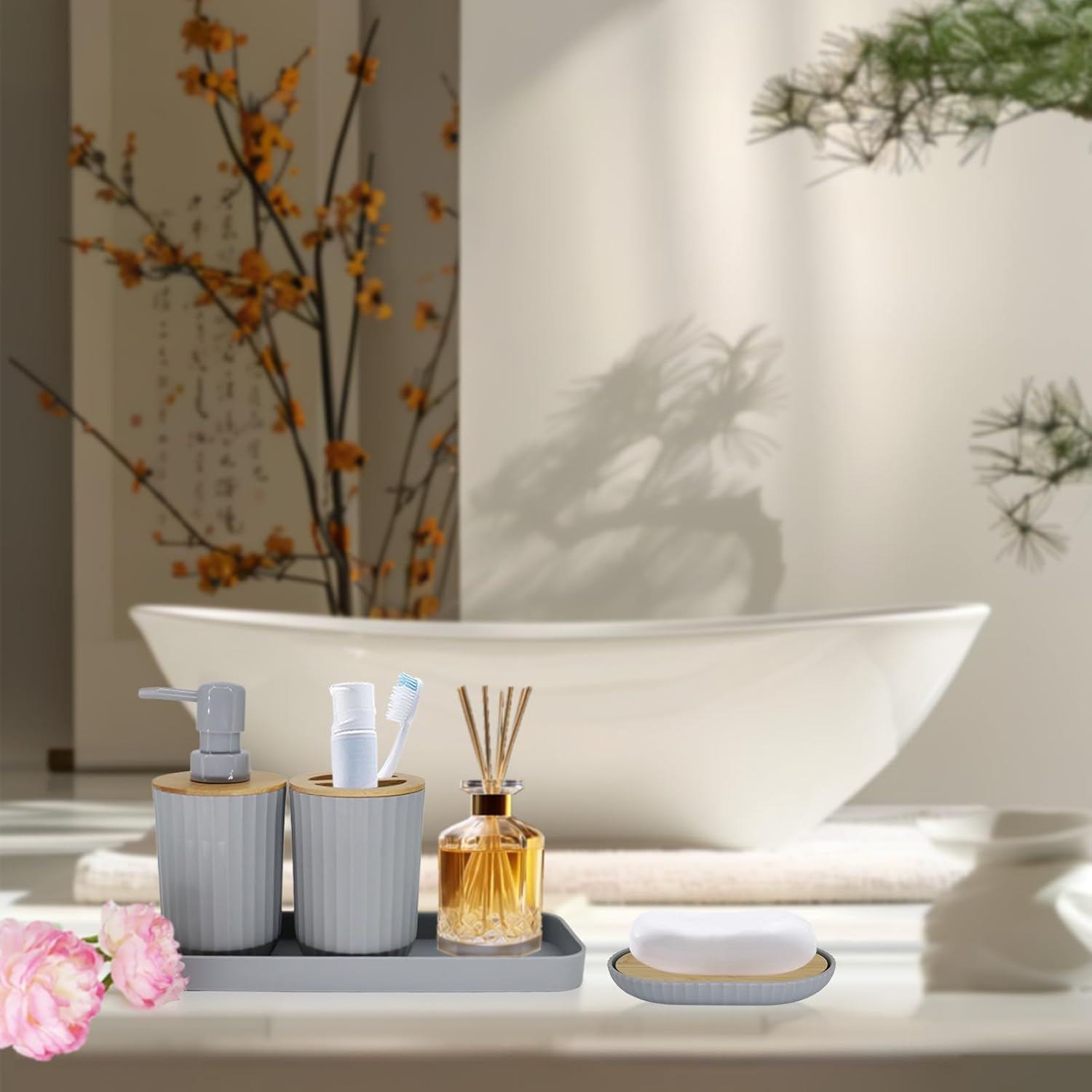 FooGuila 5Pcs Grey Bathroom Accessory Set