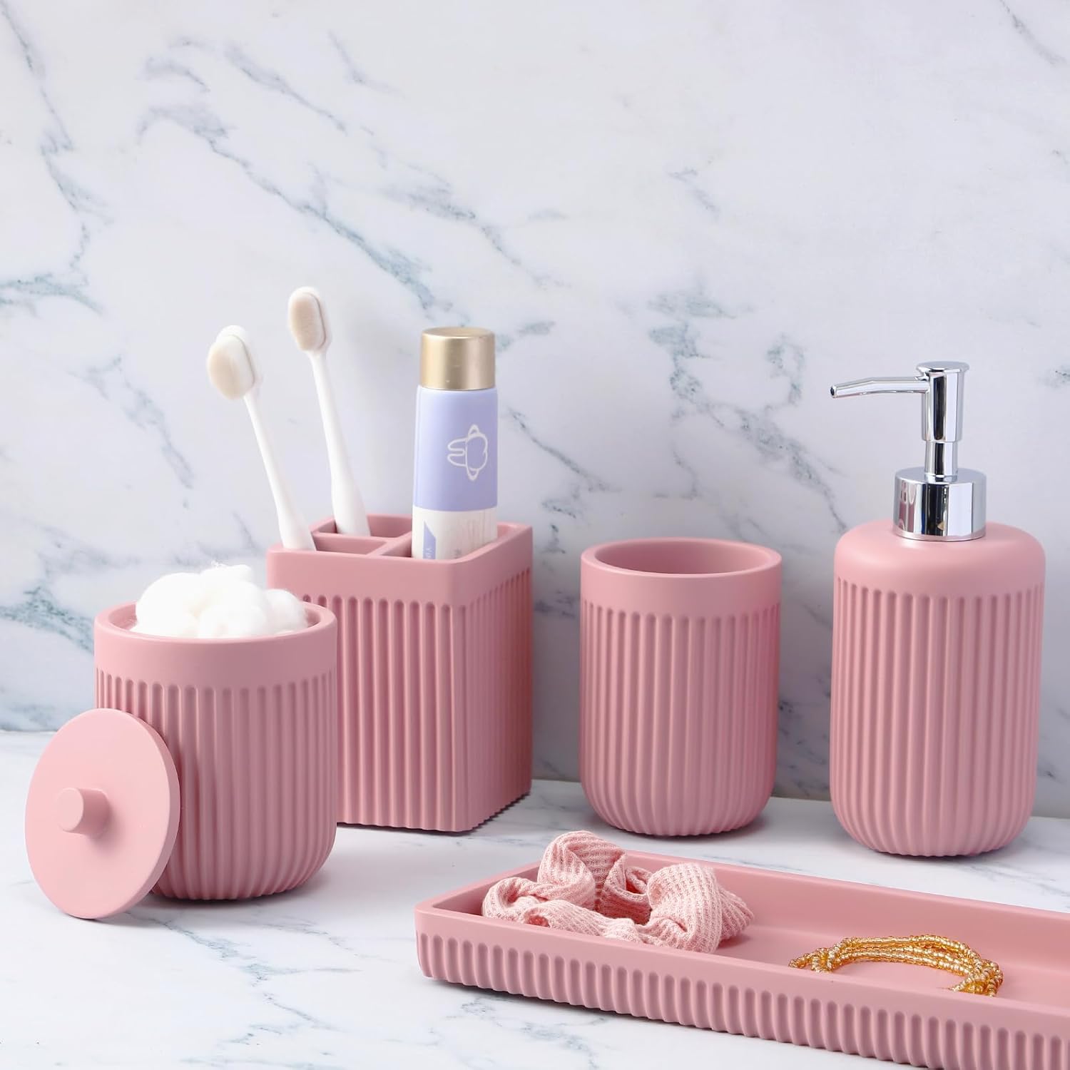 XLHOMO Resin Pink Bathroom Accessory Set 5 Pcs