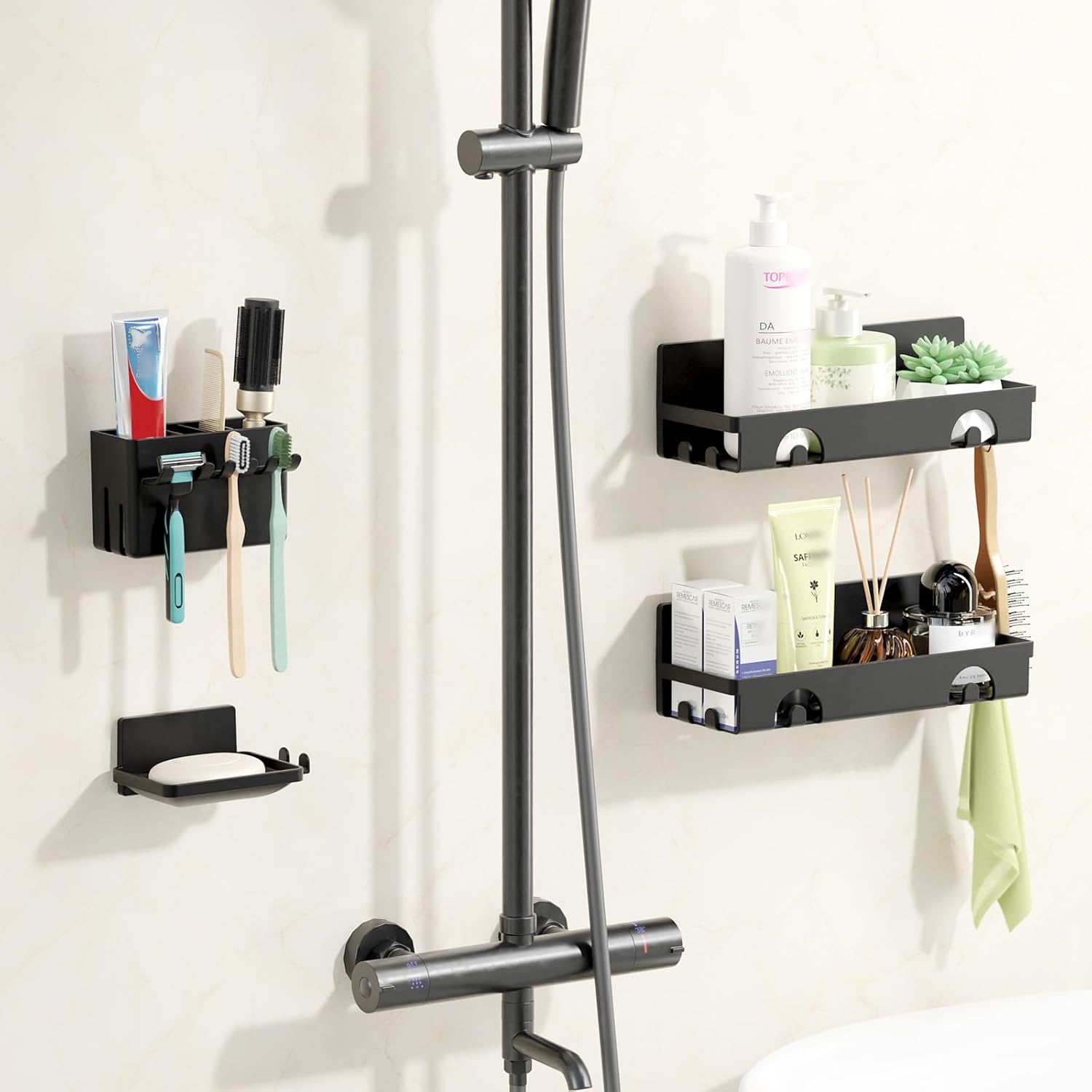 PAVSTINE 4-Pack Shower Caddy Set with Hooks and Organizer Black