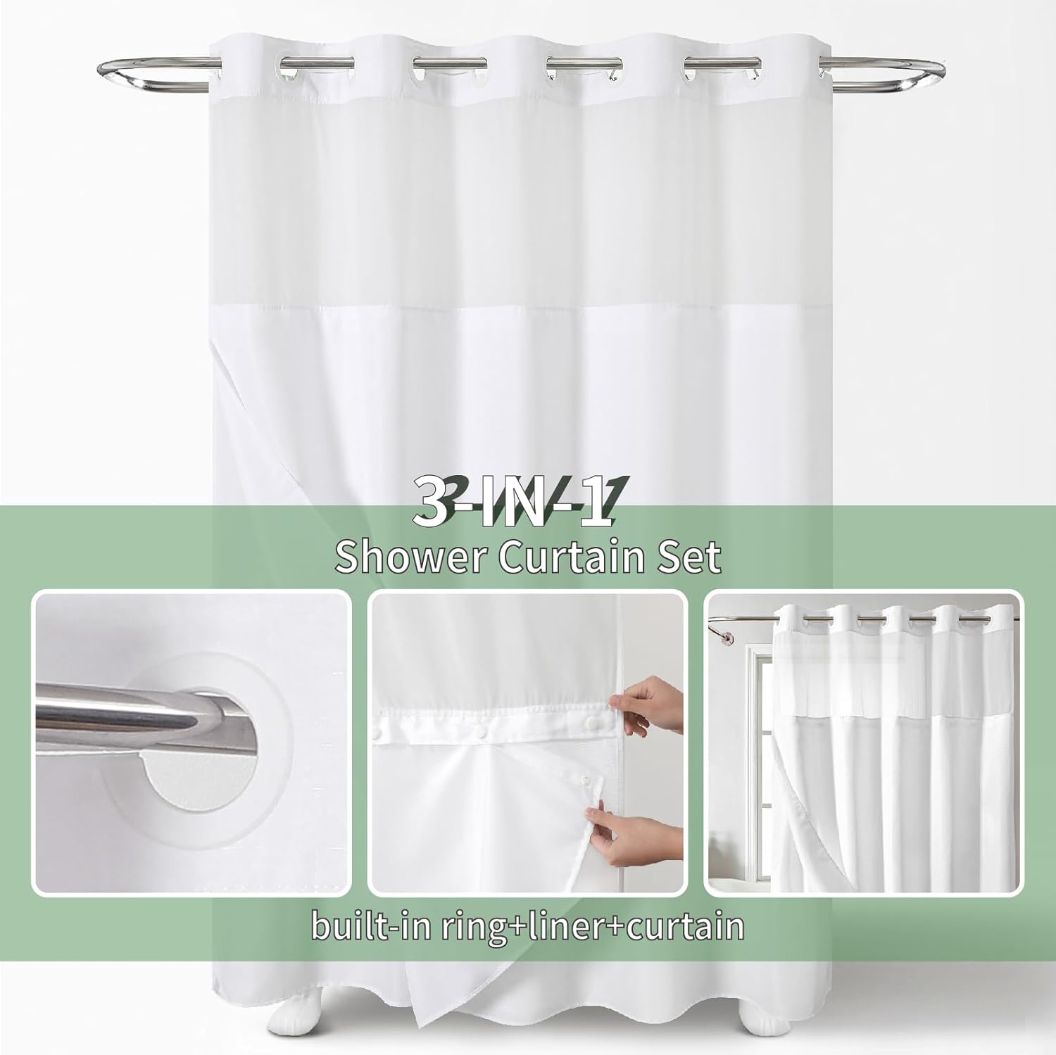Eachope Extra Long No Hook Shower Curtain Set 71x86 White