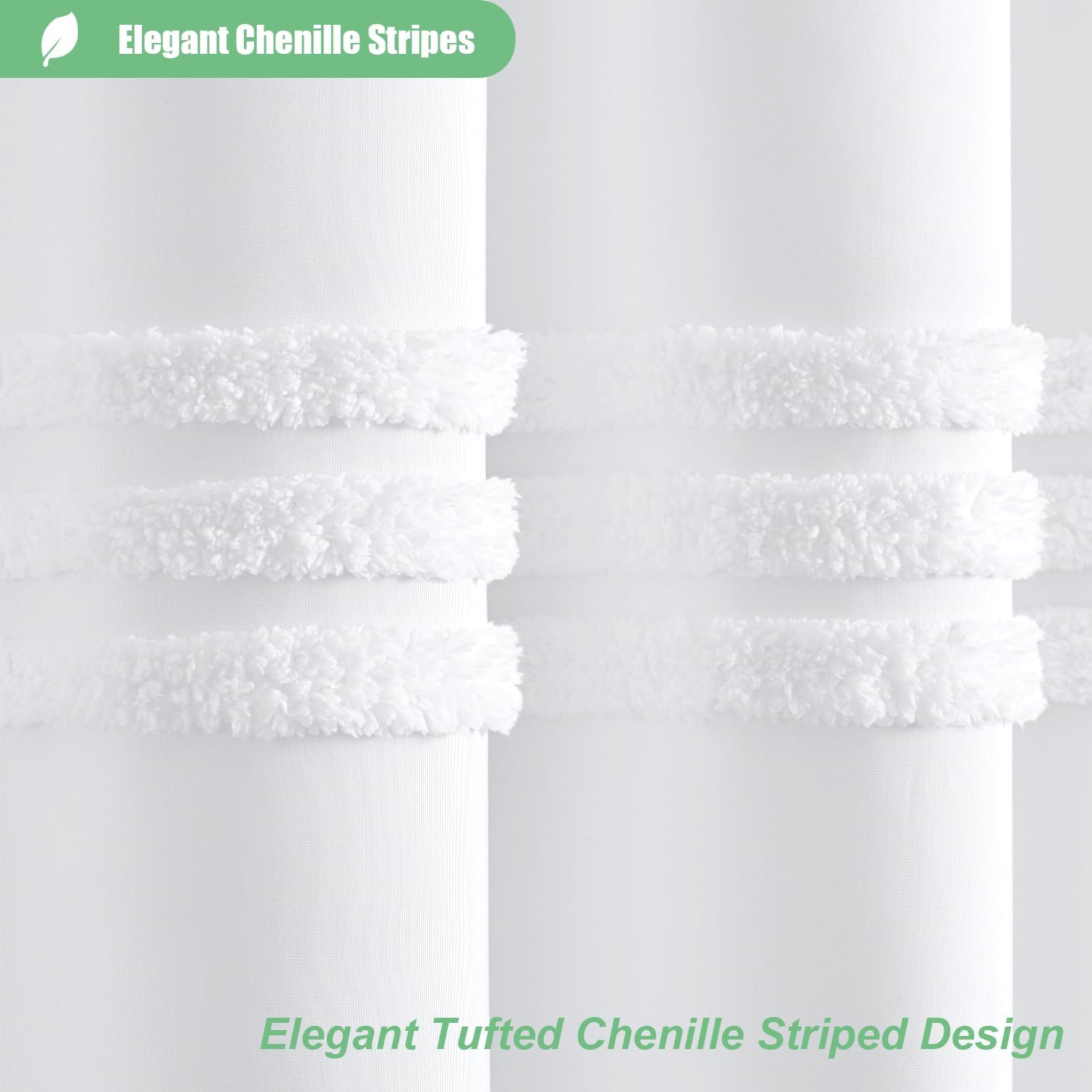 Dynamene White Tufted Chenille Striped Shower Curtain Set