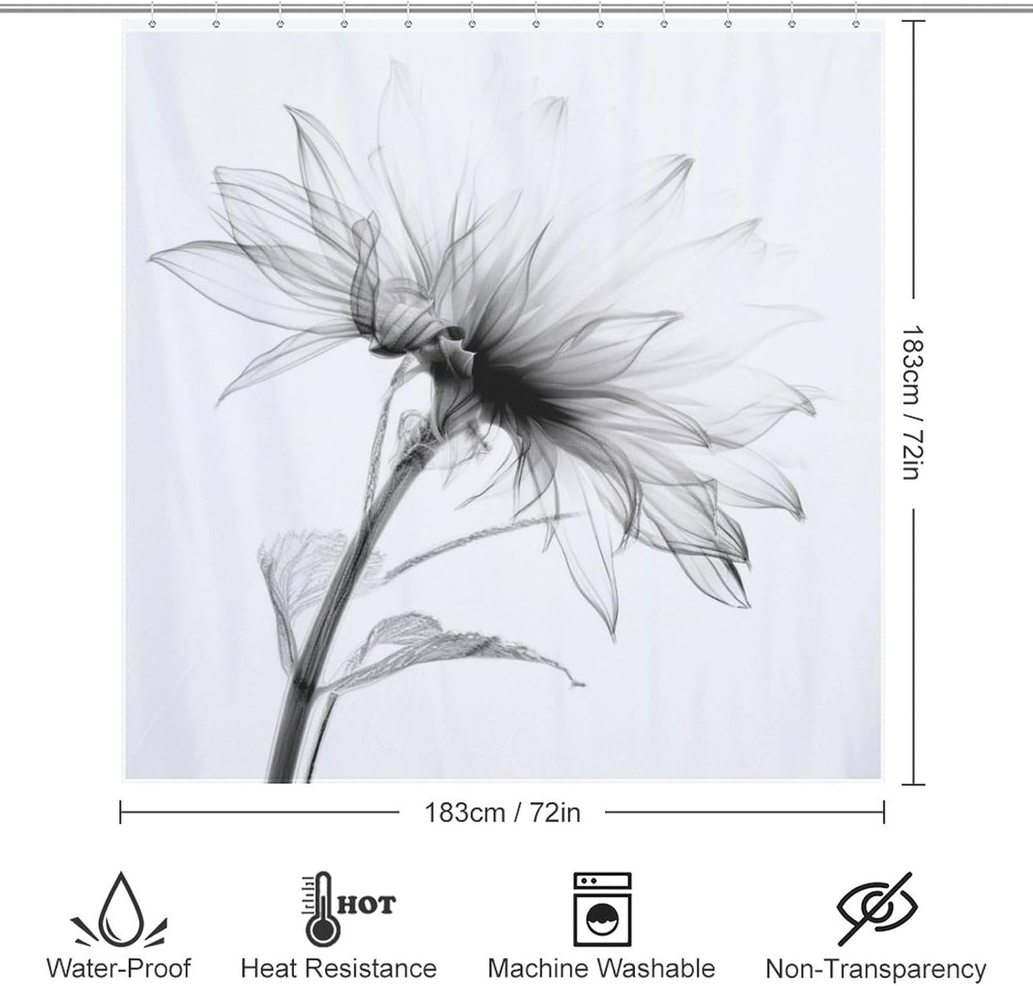 Abstract Flower Shower Curtain Set Black and White Boho Pattern 72x72in