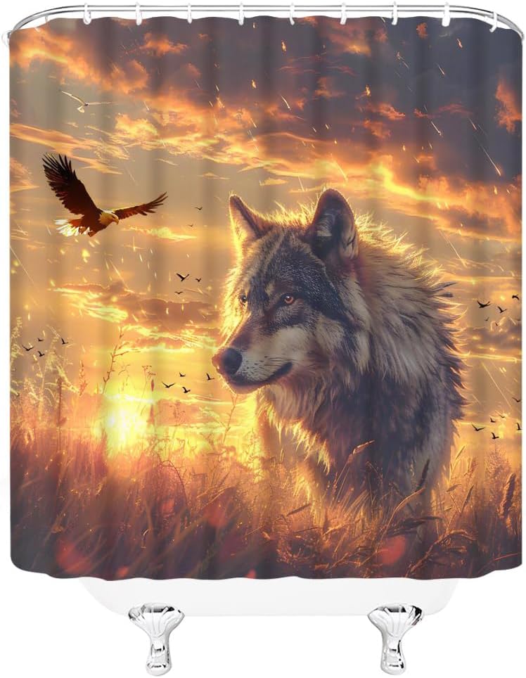 GIXKOXE Wolf Shower Curtain with Desert Sunset Design