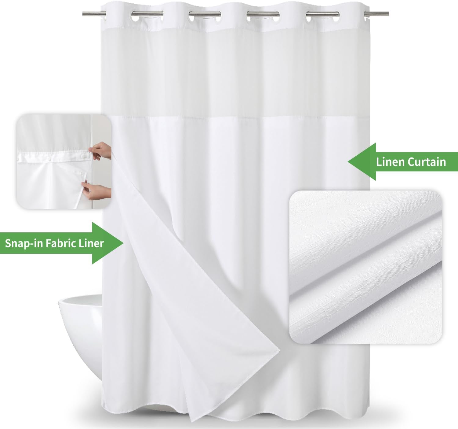Linen Textured Shower Curtain with Snap-In Liner Set White