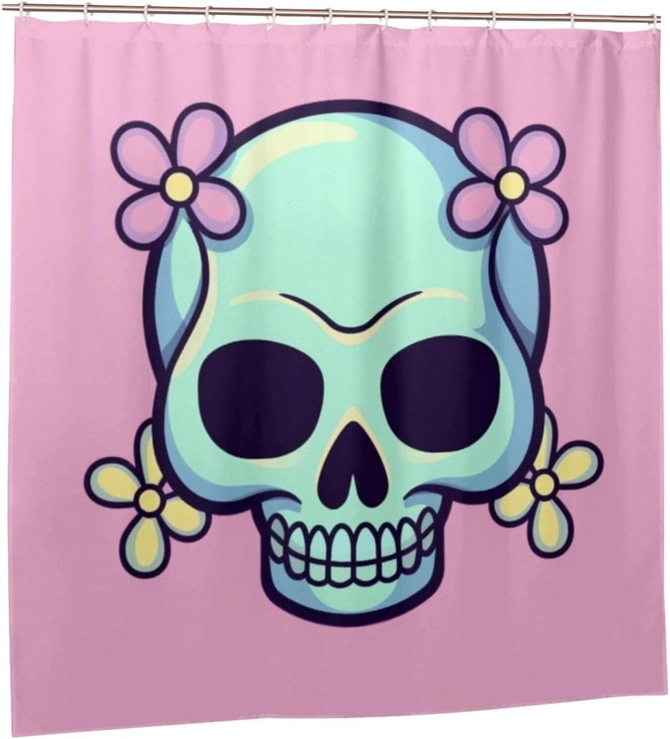 TIYAANDSY Cartoon Skull Pink Flower Shower Curtain Set