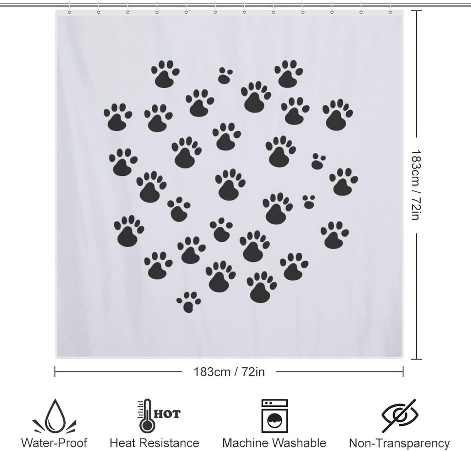 TIYAANDSY Black Paw Prints Waterproof Shower Curtain Set