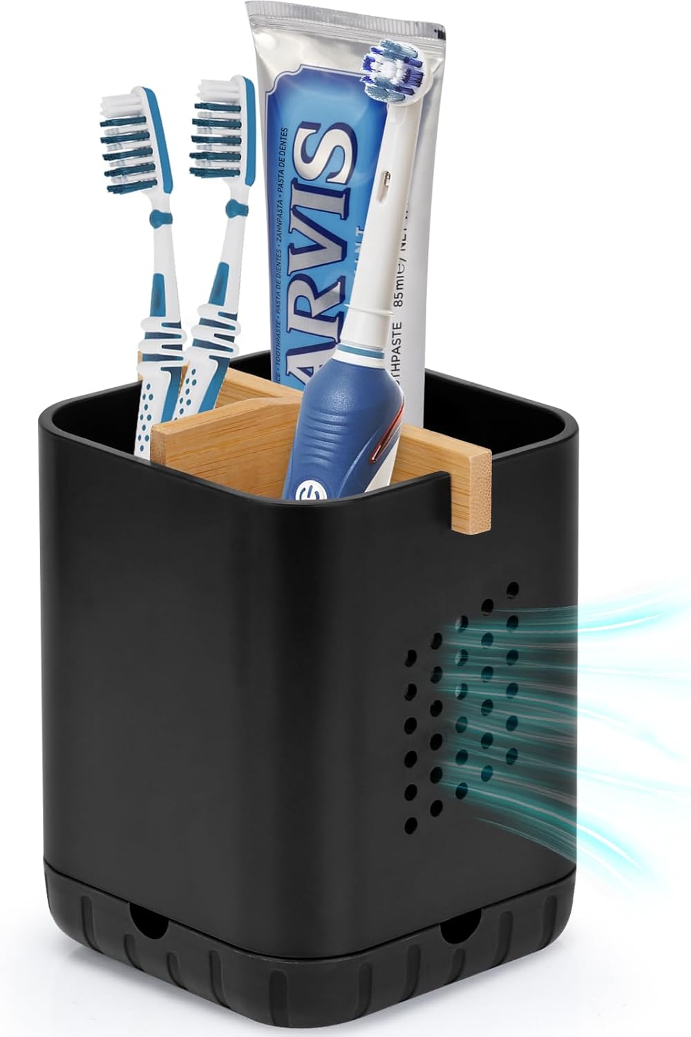 Boperzi Black Toothbrush Holder with Bamboo Divider