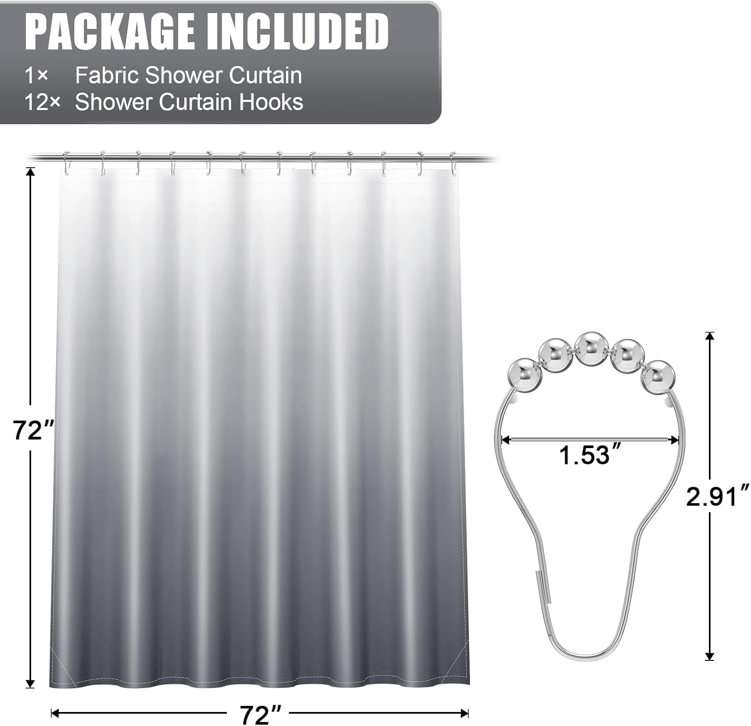 OLANLY Luxury Grey White Ombre Shower Curtain Set with 12 Hooks 1
