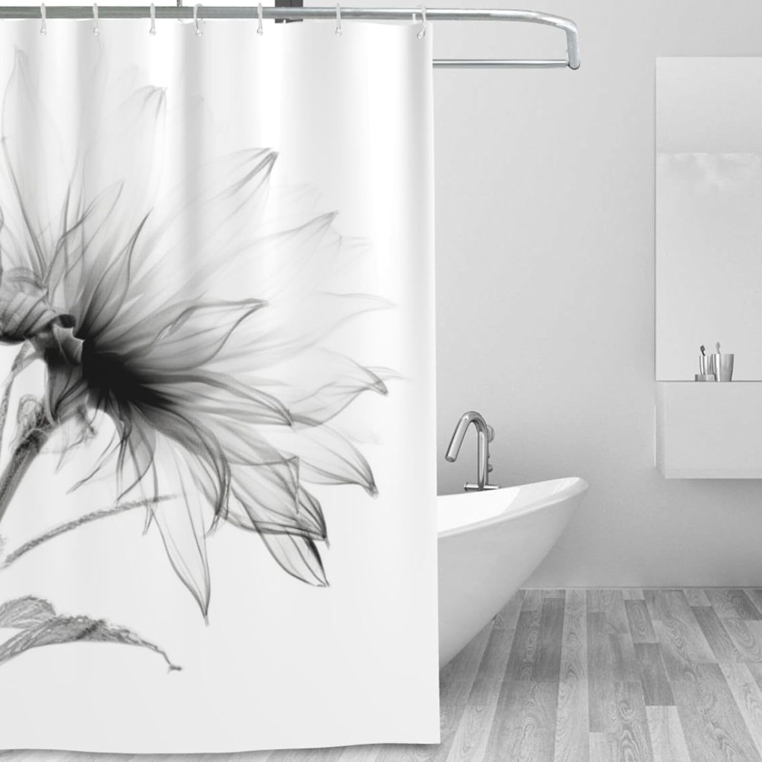 Abstract Flower Shower Curtain Set Black and White Boho Pattern 72x72in
