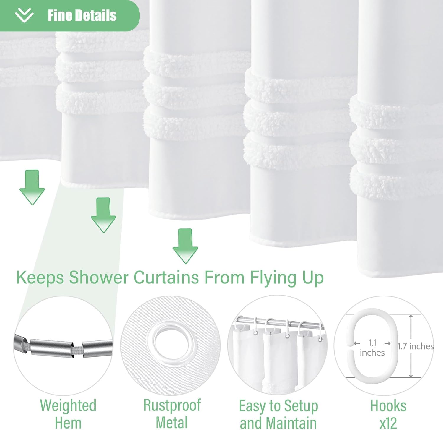 Dynamene White Tufted Chenille Striped Shower Curtain Set
