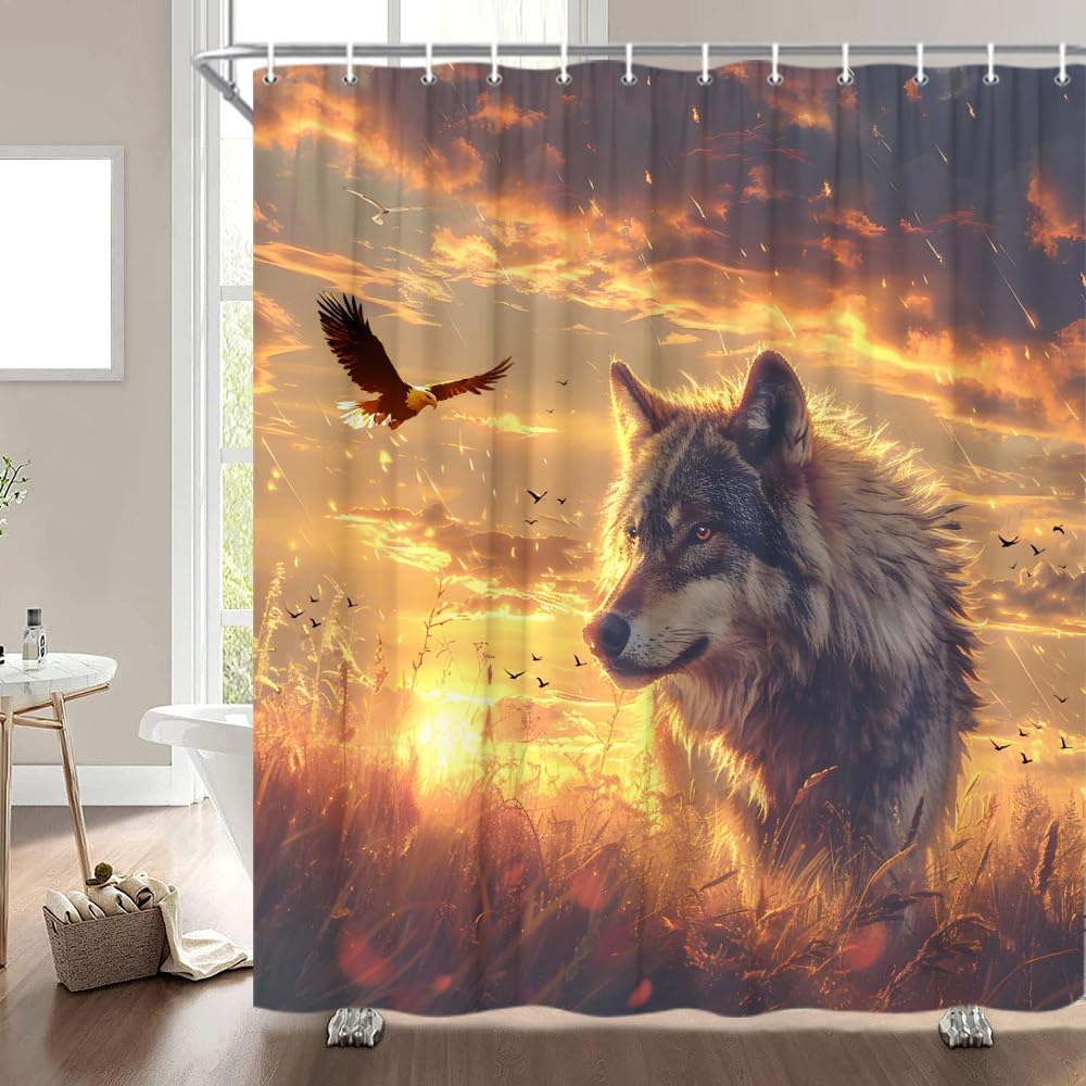 GIXKOXE Wolf Shower Curtain with Desert Sunset Design