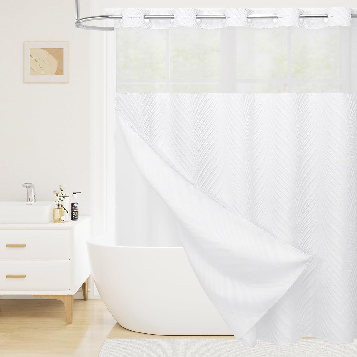 Boho White Shower Curtain Set with Snap Liner and Tufted Design