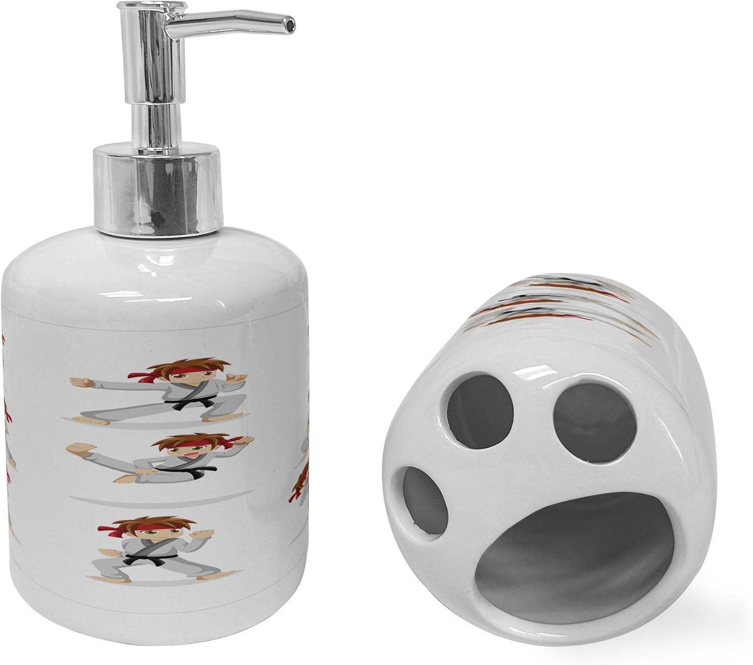 Ambesonne Karate Boy Soap Toothbrush Holder Set 2 Pcs Ceramic Beige Vermilion