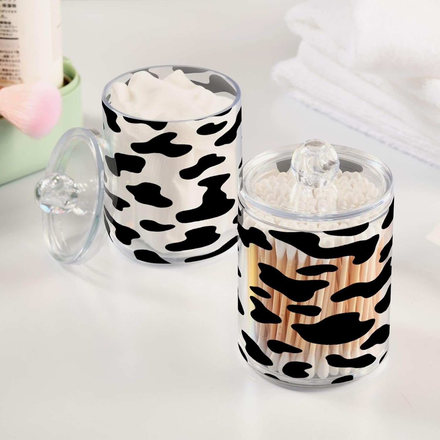 Qilmy Black Cow Spots Qtip Holder 2 Pack Canister