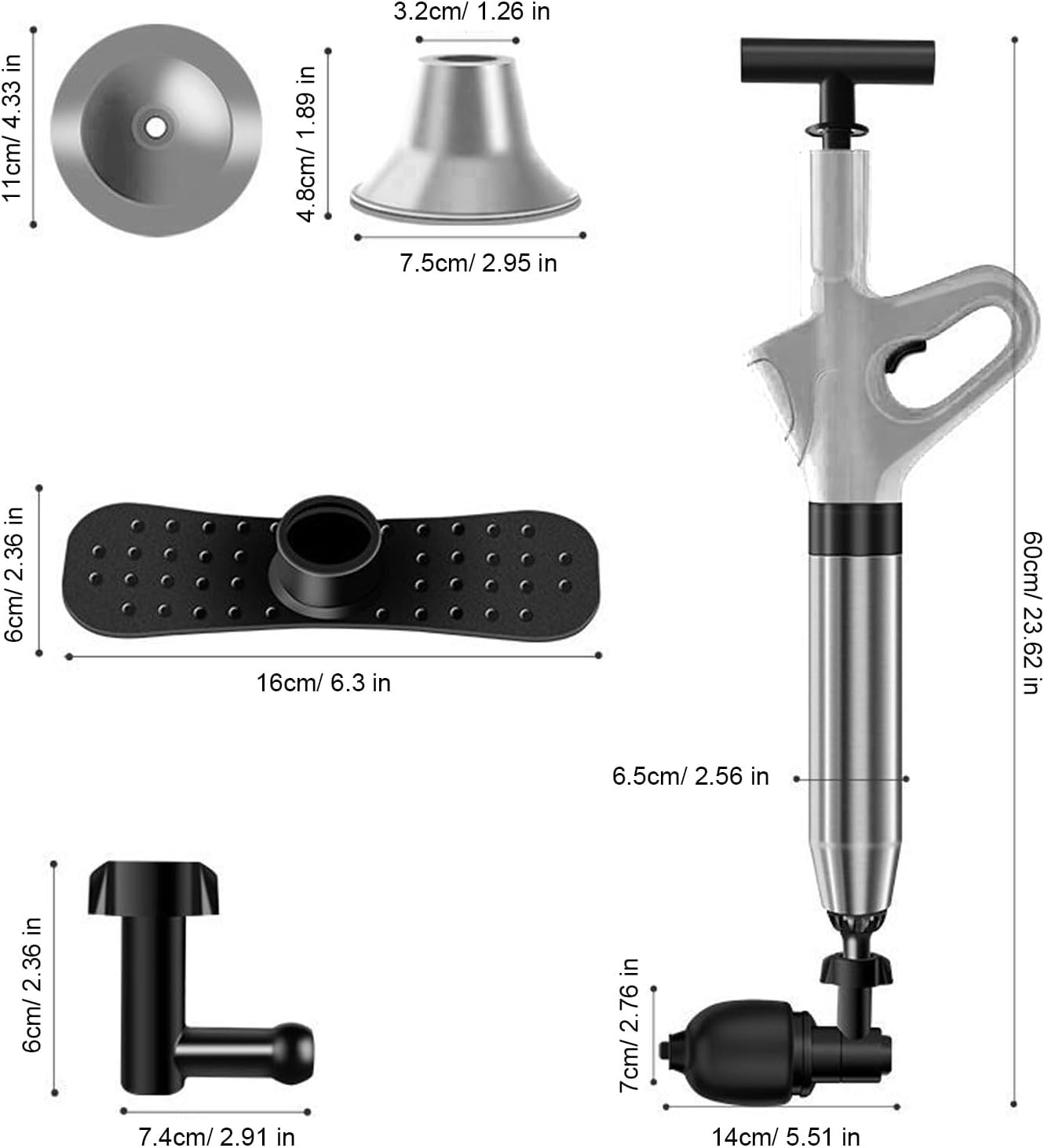 Mumusuki Toilet Plunger with Pressure Indicator and 4 Interchangeable Heads
