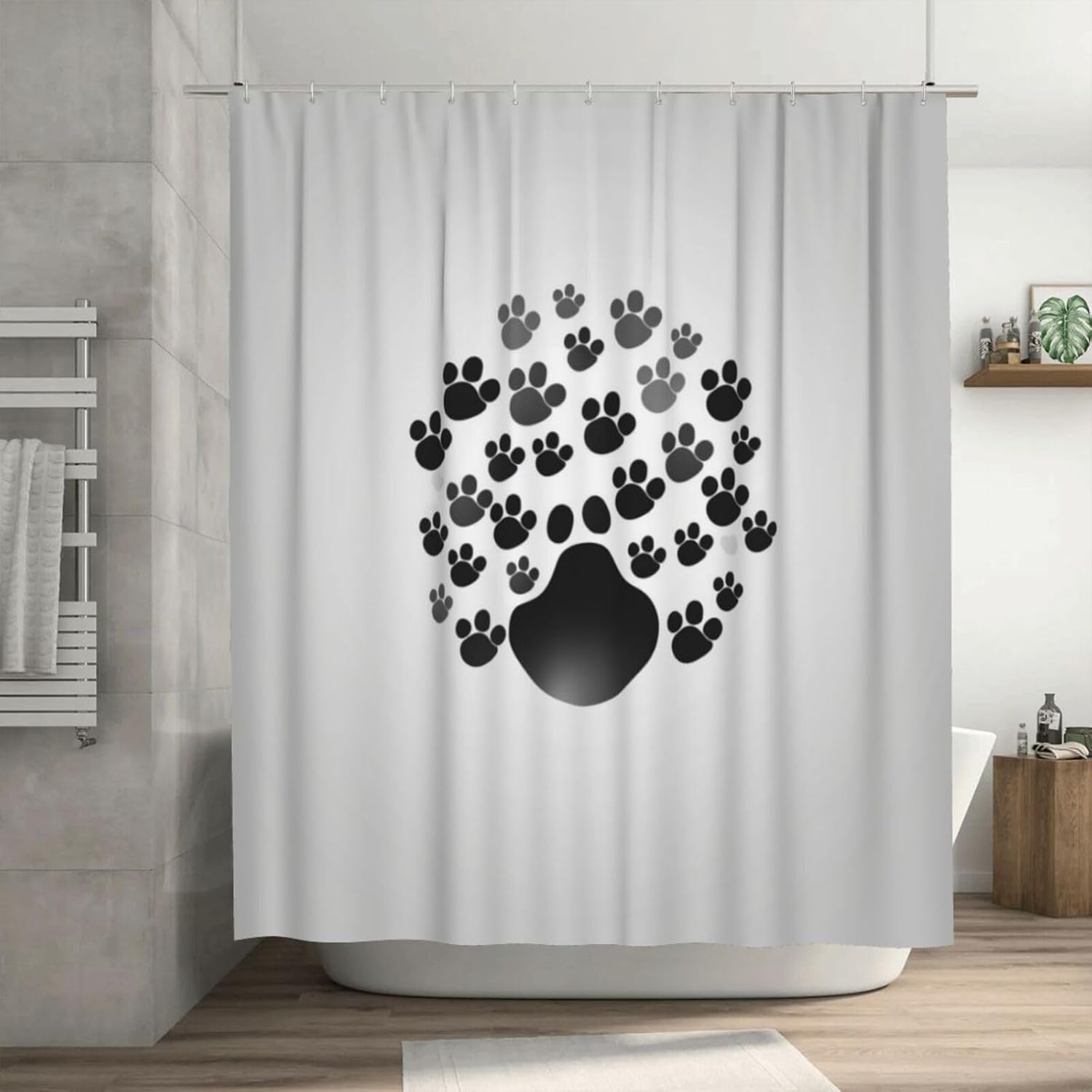Black Paw Prints Shower Curtain Set with 12 Hooks 72x72in