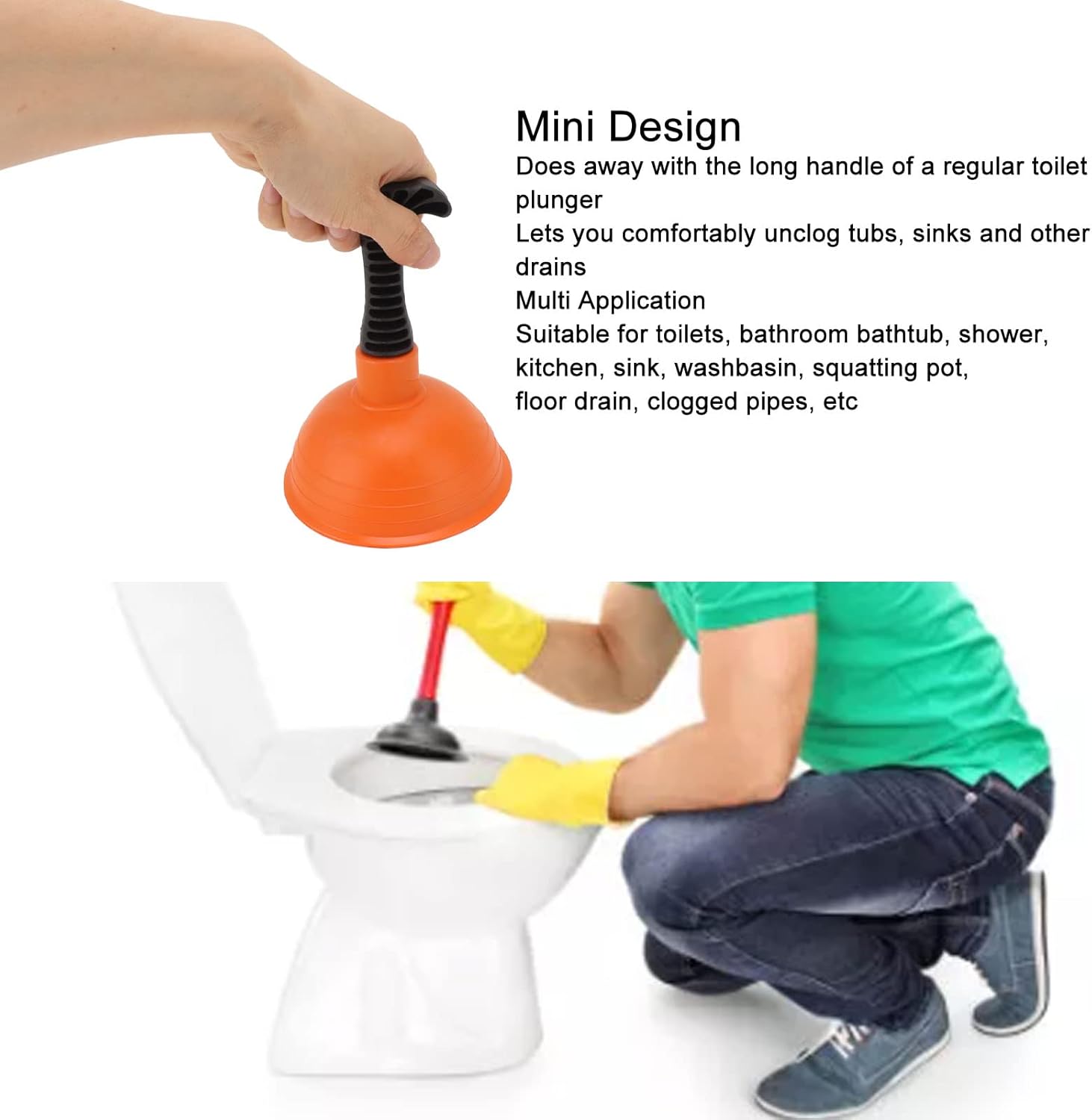 JERYS Mini Drain Plunger Slip Proof Handle for Kitchen and Toilet