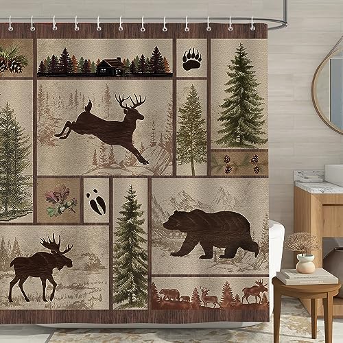 Bonhause Rustic Cabin Shower Curtain with Bear Deer Design 72x72 Inch
