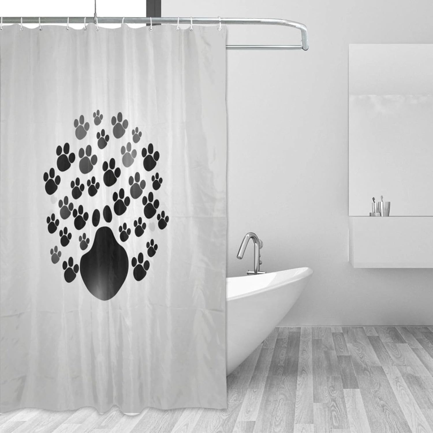 Black Paw Prints Shower Curtain Set with 12 Hooks 72x72in