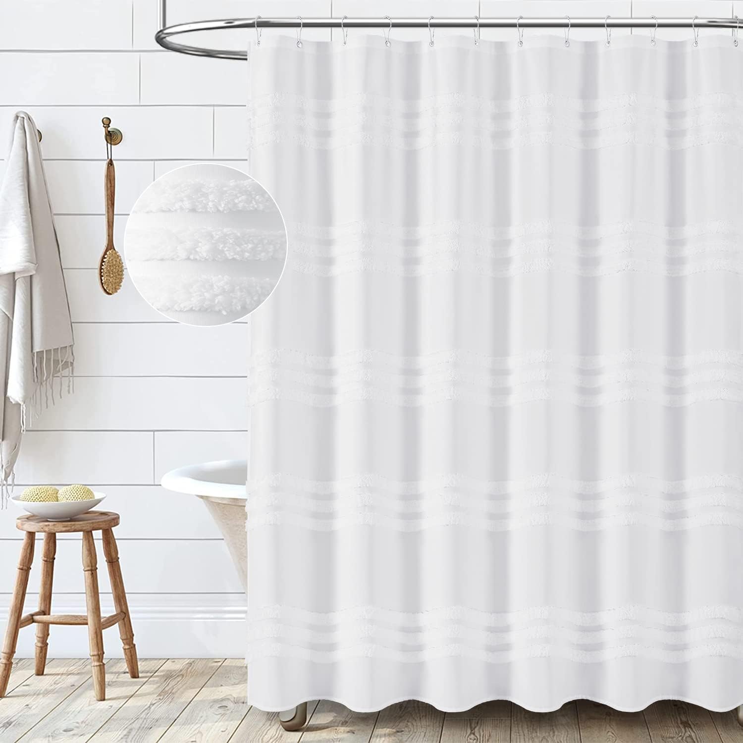 Dynamene White Tufted Chenille Striped Shower Curtain Set