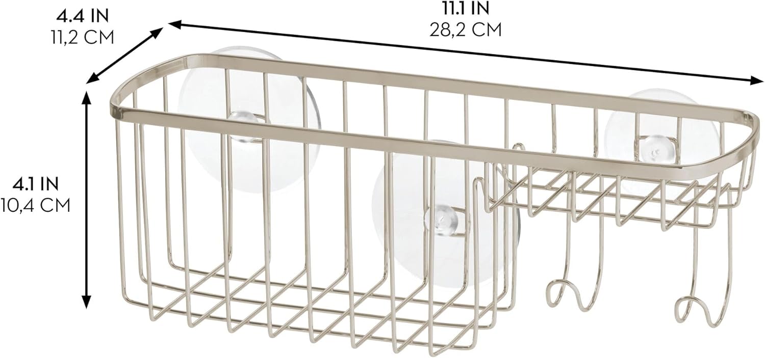 iDesign Suction Shower Soap Dish and Hooks Satin Basket