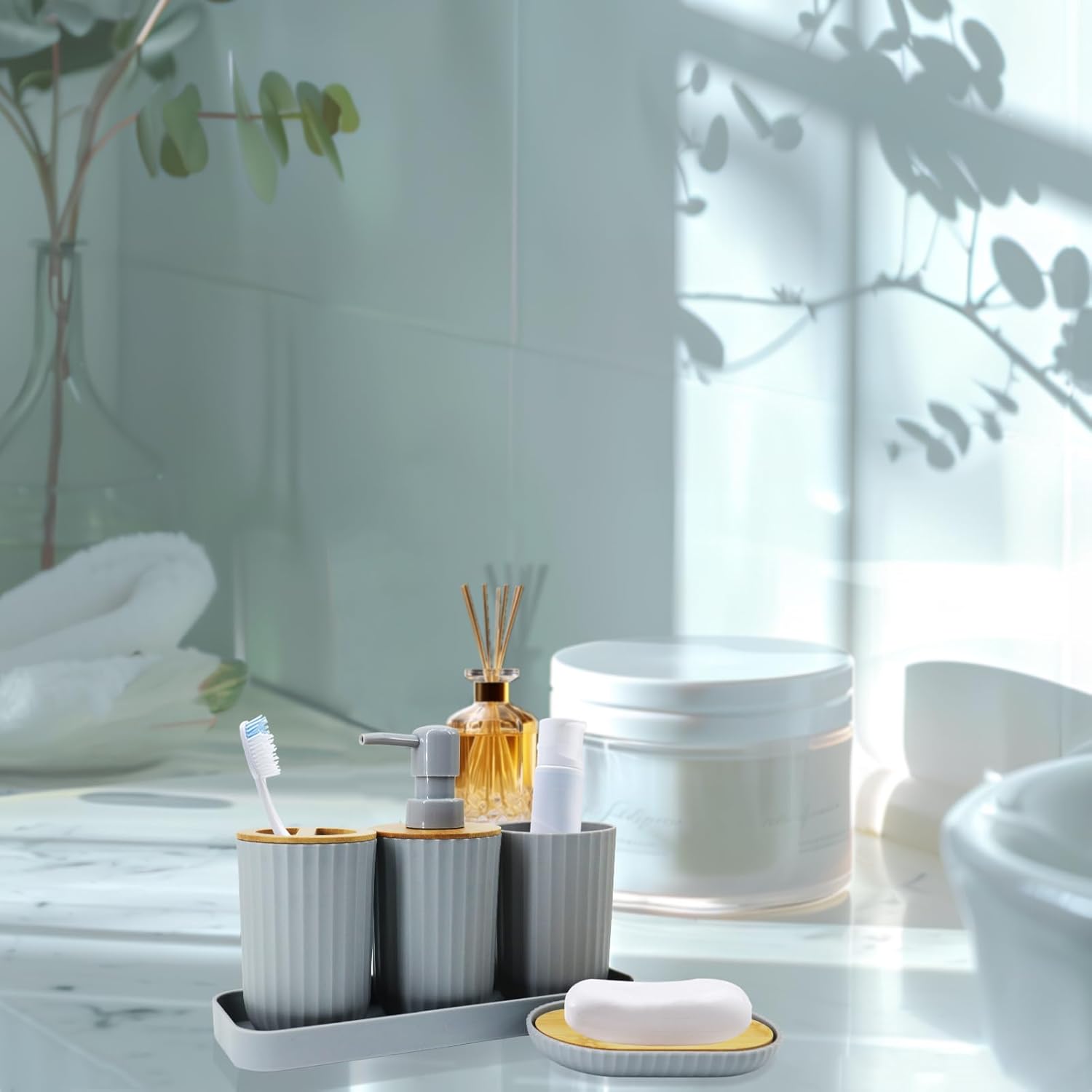FooGuila 5Pcs Grey Bathroom Accessory Set