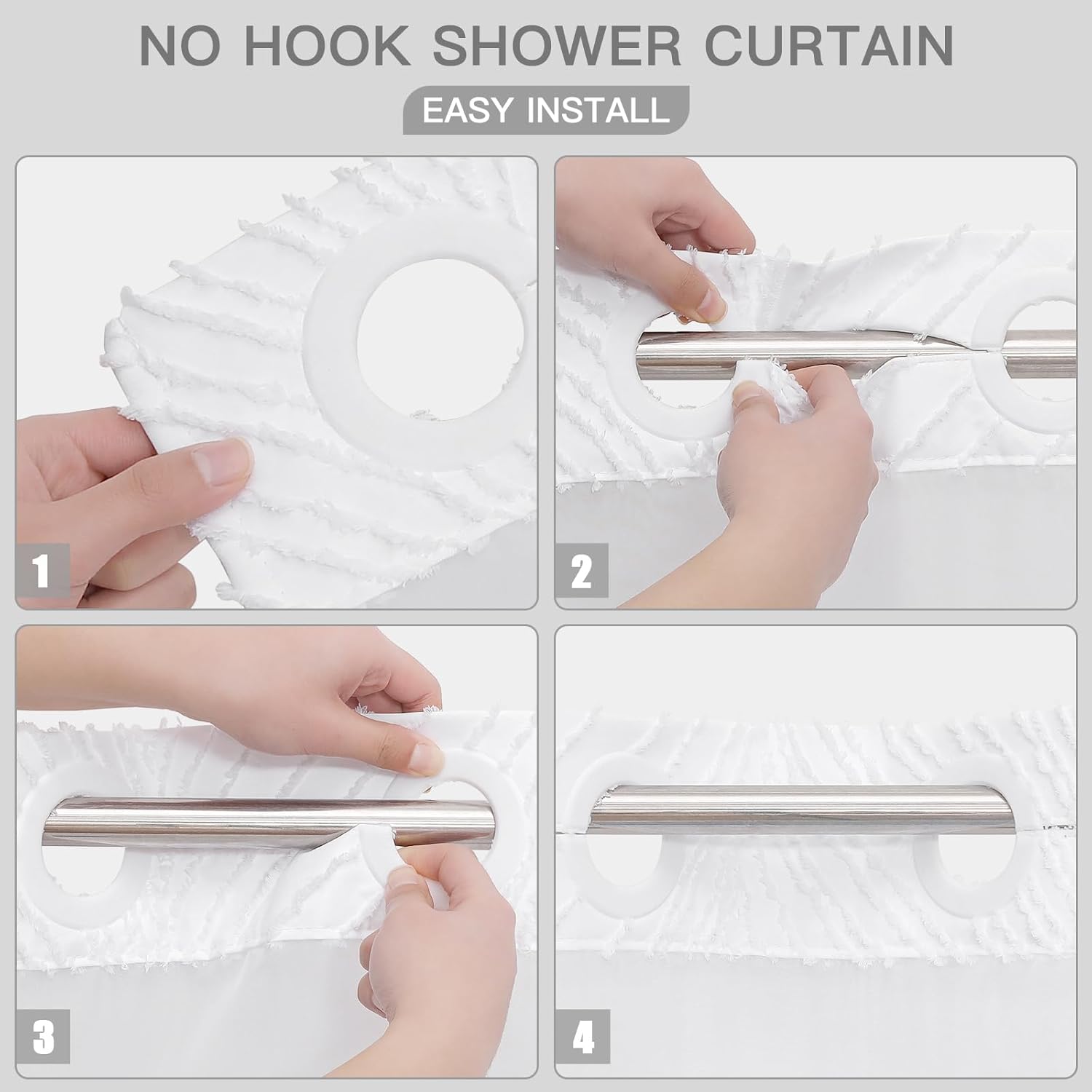 Boho White Shower Curtain Set with Snap Liner and Tufted Design