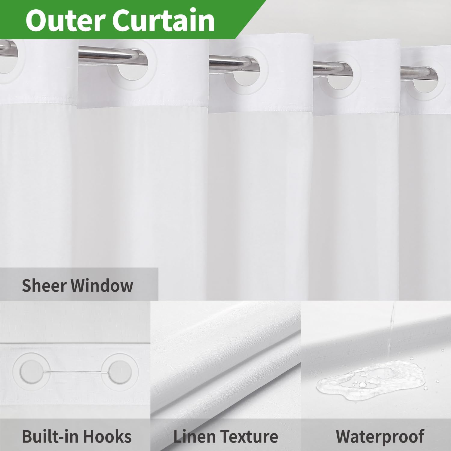 Linen Textured Shower Curtain with Snap-In Liner Set White