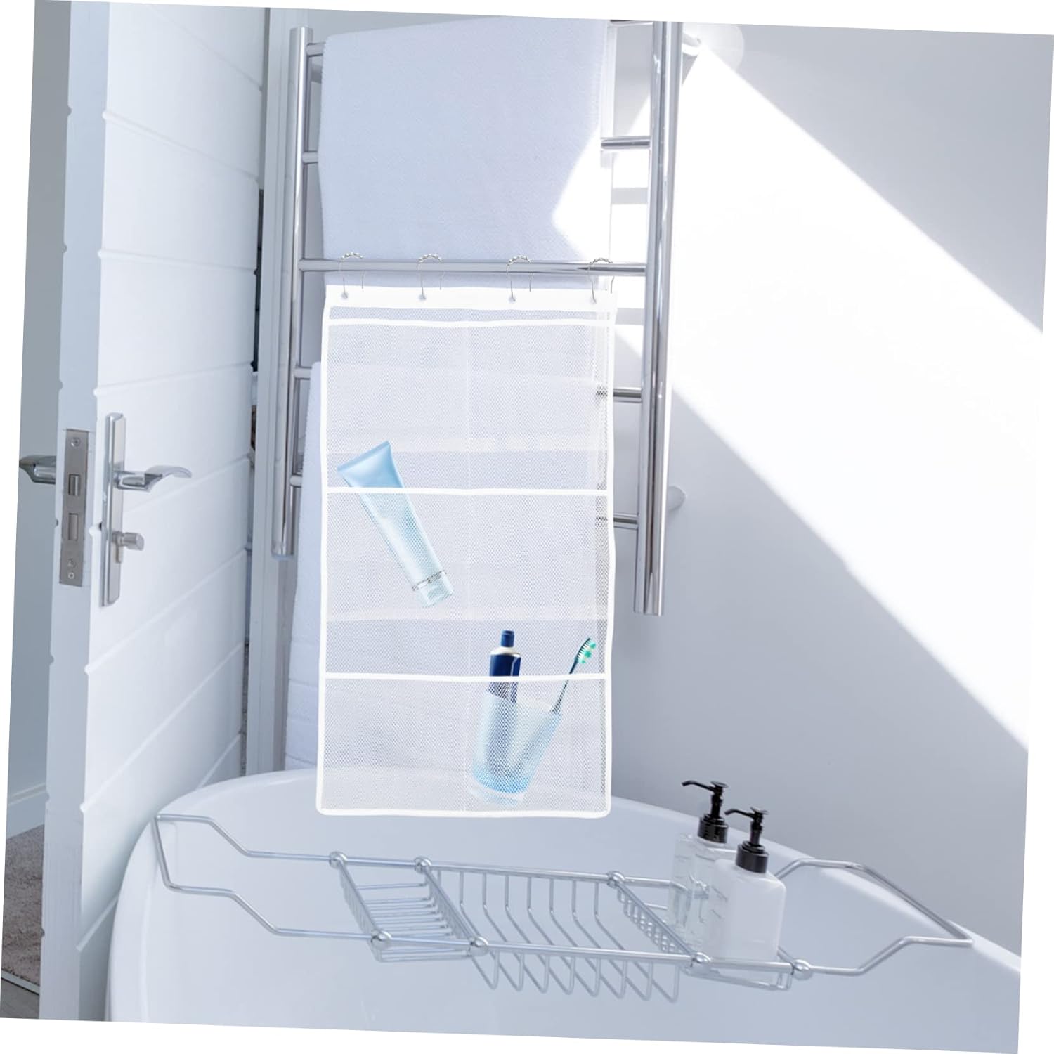 Ciieeo Gold Mesh Shower Organizer Bag with 6 Pockets Wall Hanging Storage