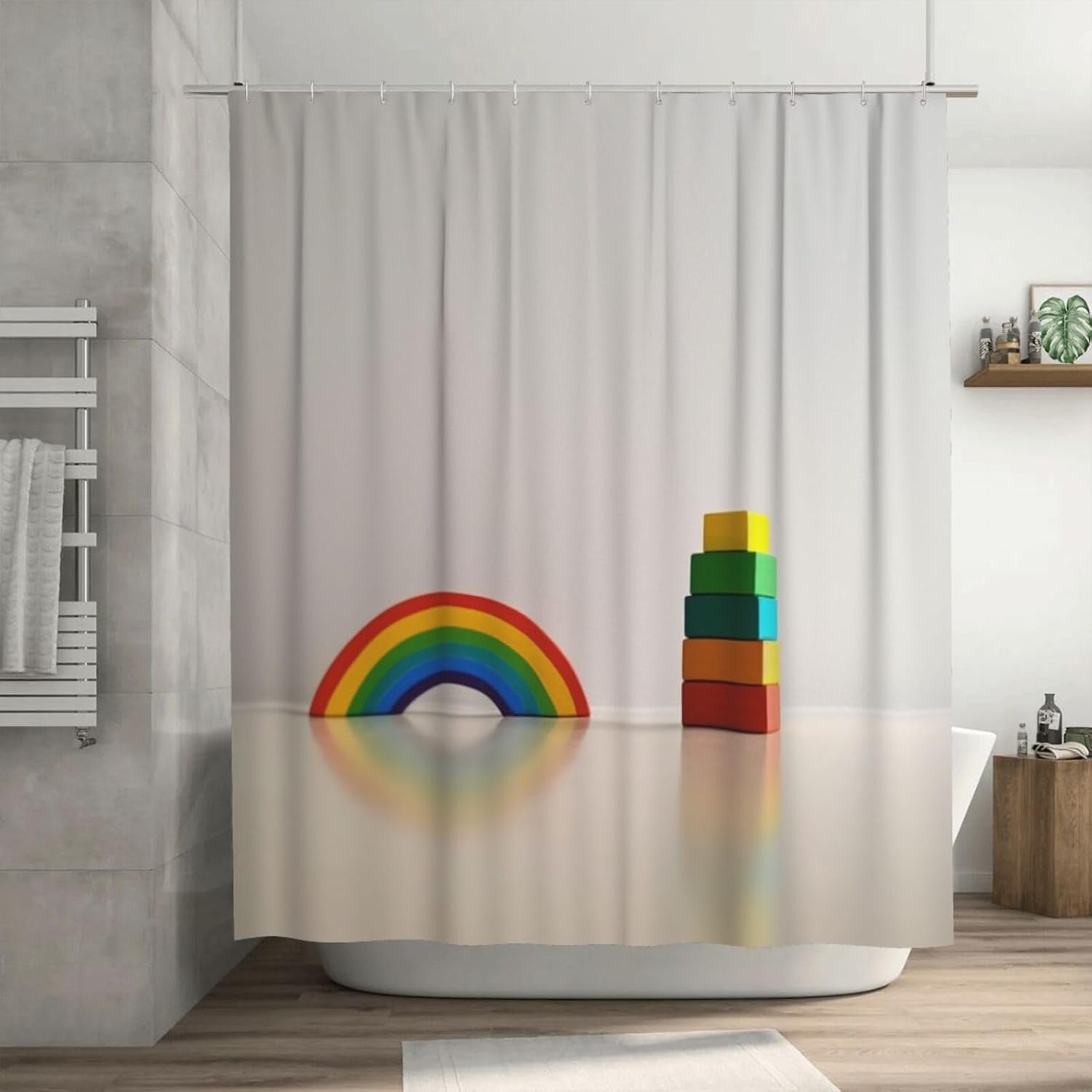 Rainbow Building Blocks Shower Curtain Set with 12 Hooks