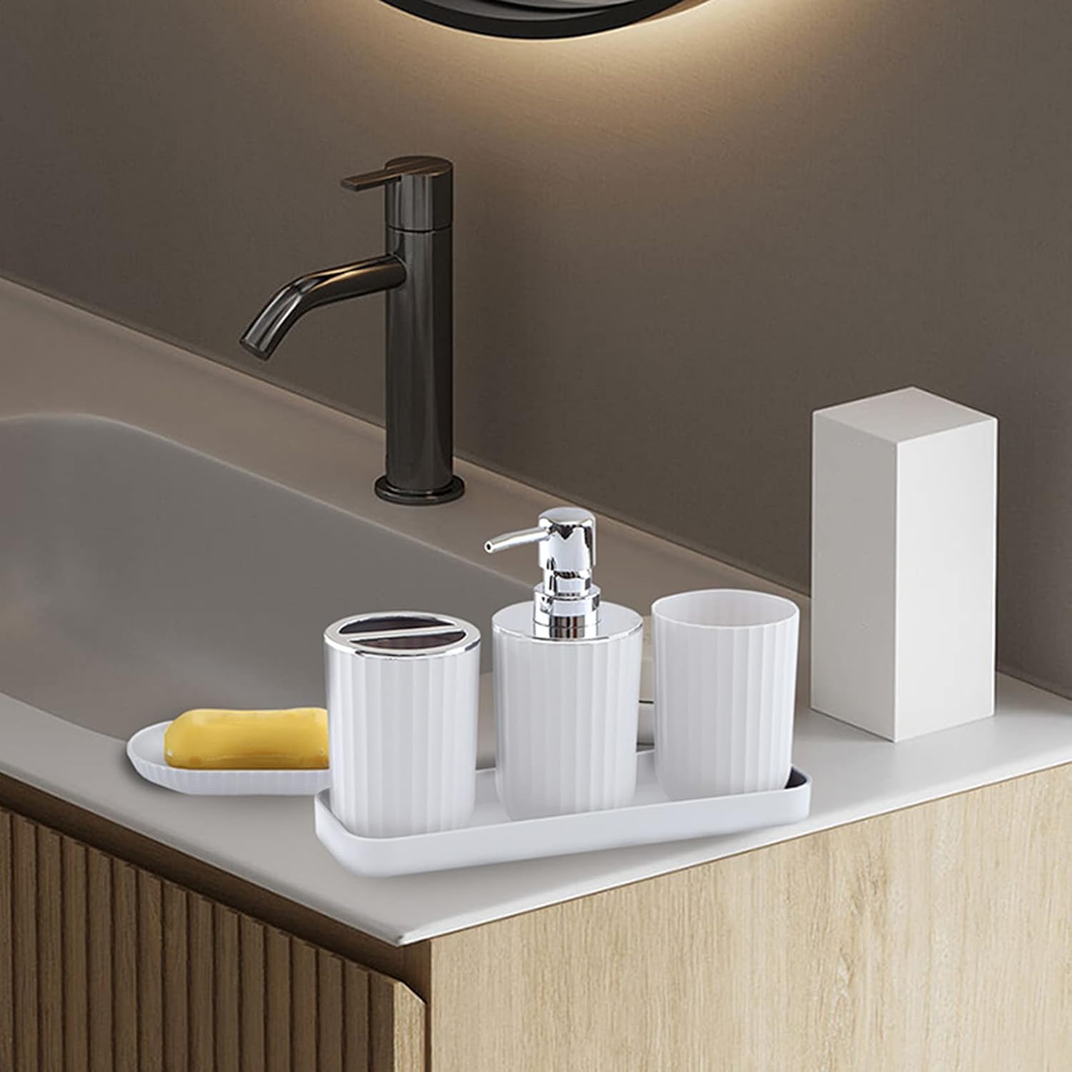 Bathroom Accessory Set with Soap Dispenser Toothbrush Cup Dish and Tray