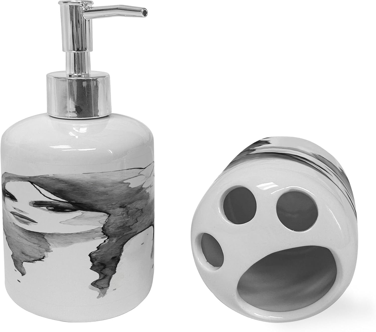 Ambesonne Bathroom Soap Dispenser and Toothbrush Holder Set 2 Pcs White Black