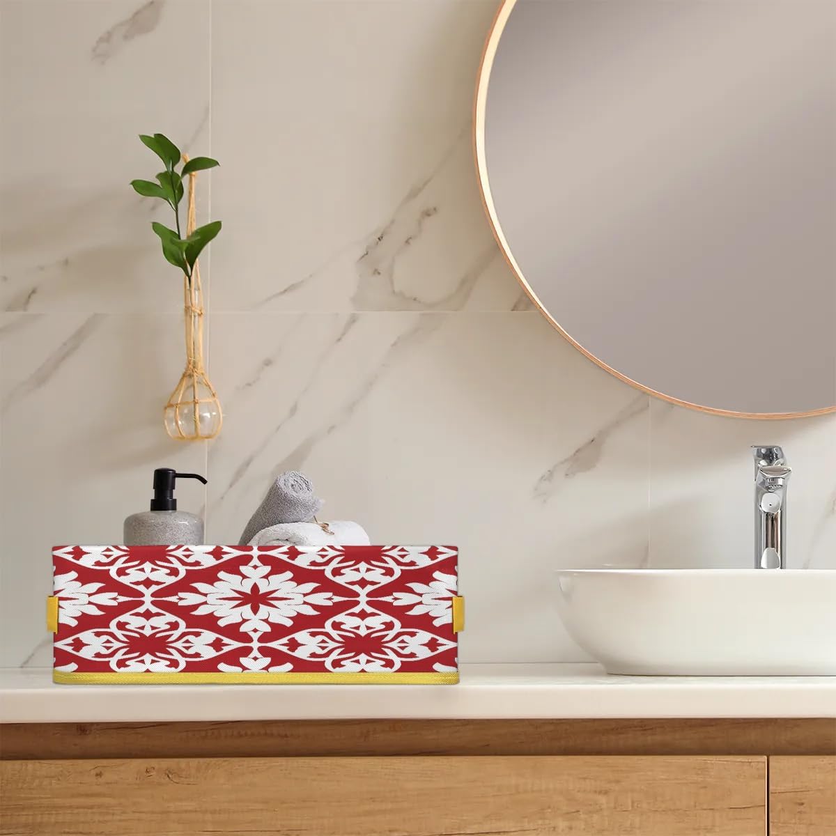 Mexican Tile Toilet Tank Topper Paper Basket with Handle Red