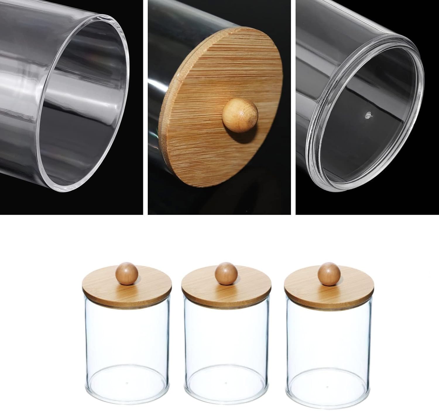 DIYOHFE 3PC Acrylic Q-Tip Dispenser with Wood Lid