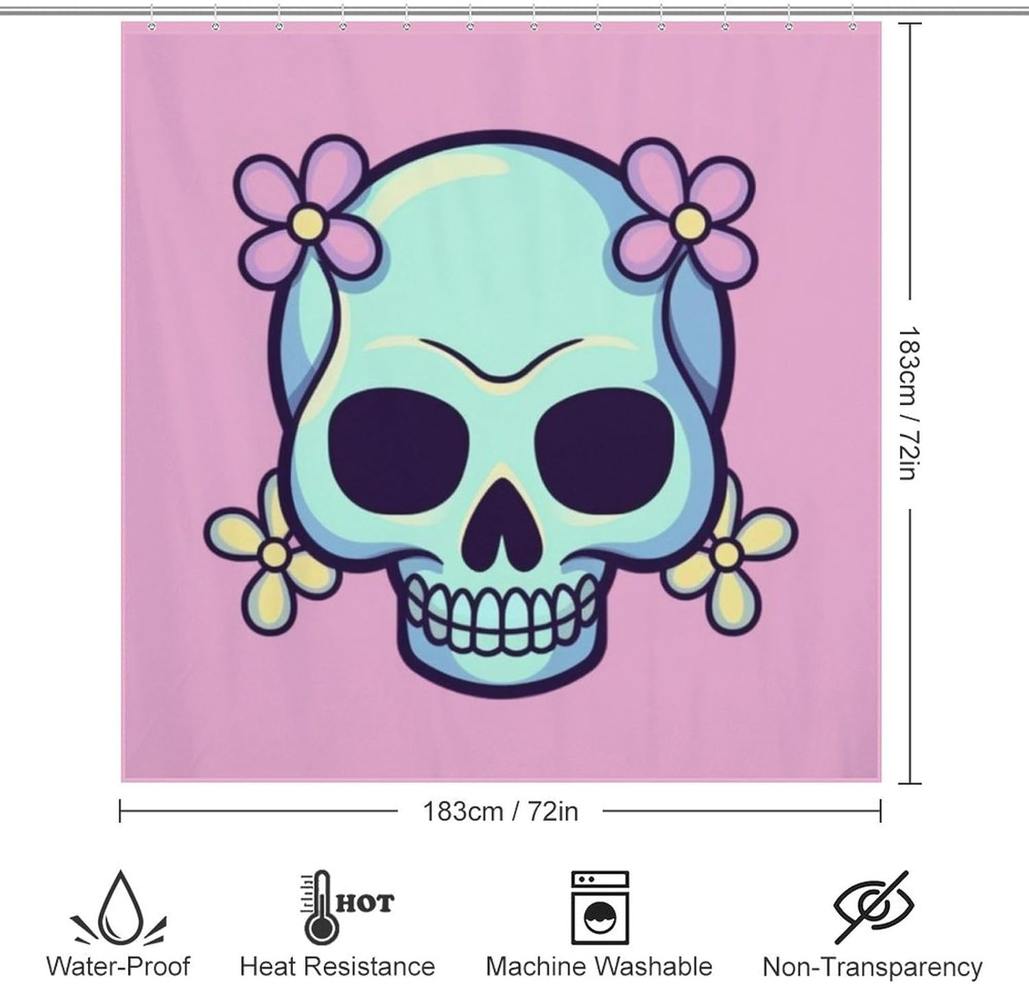 TIYAANDSY Cartoon Skull Pink Flower Shower Curtain Set