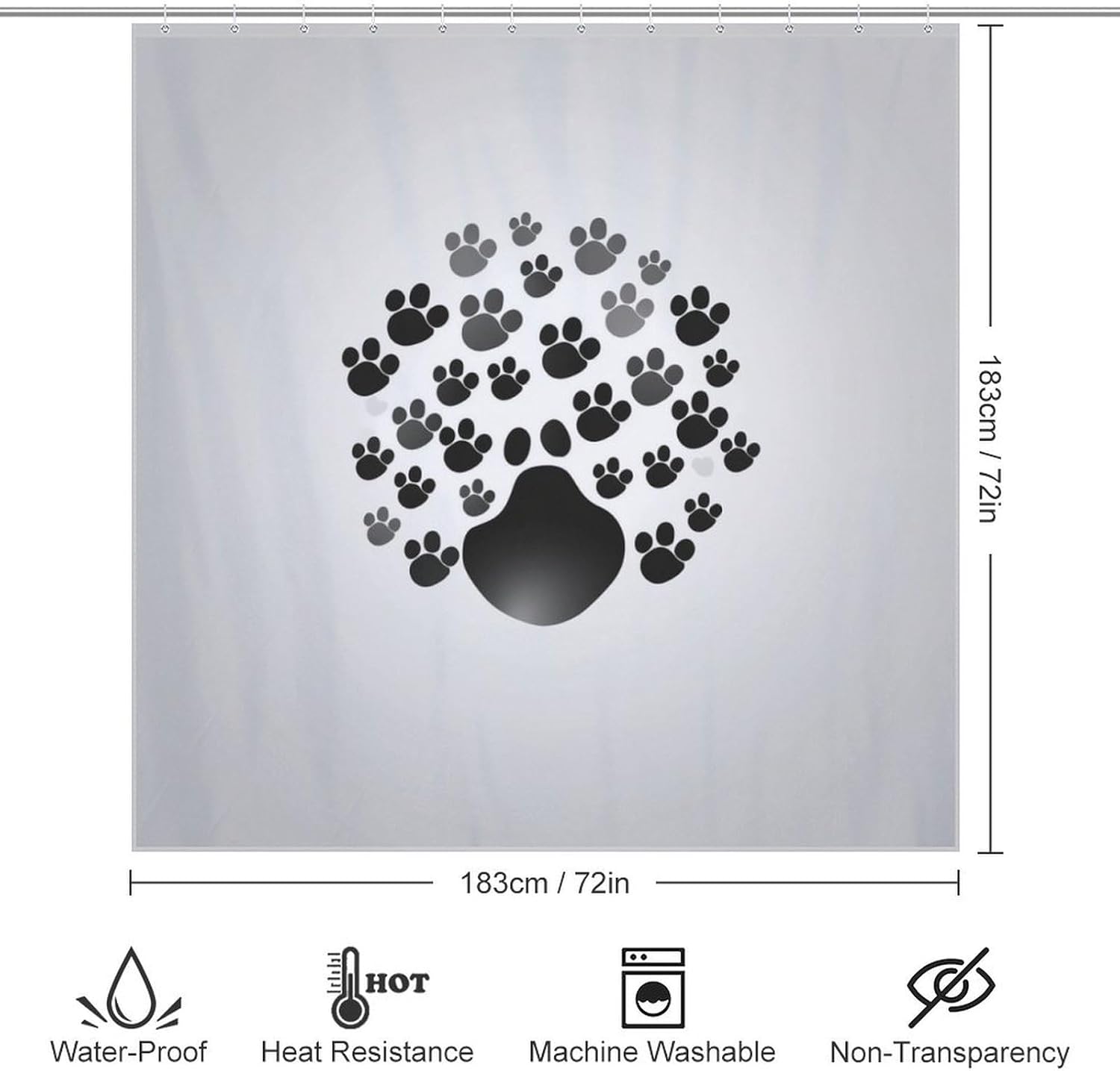 Black Paw Prints Shower Curtain Set with 12 Hooks 72x72in