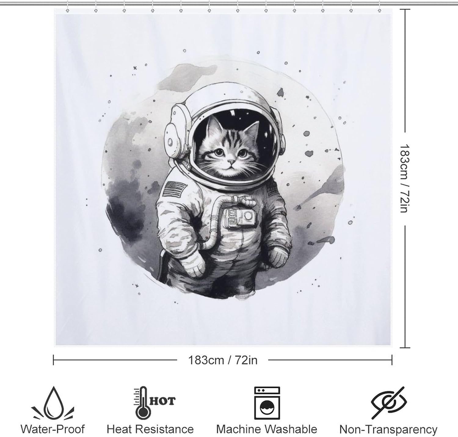 Cat Astronaut Shower Curtain Set 72x72in 1