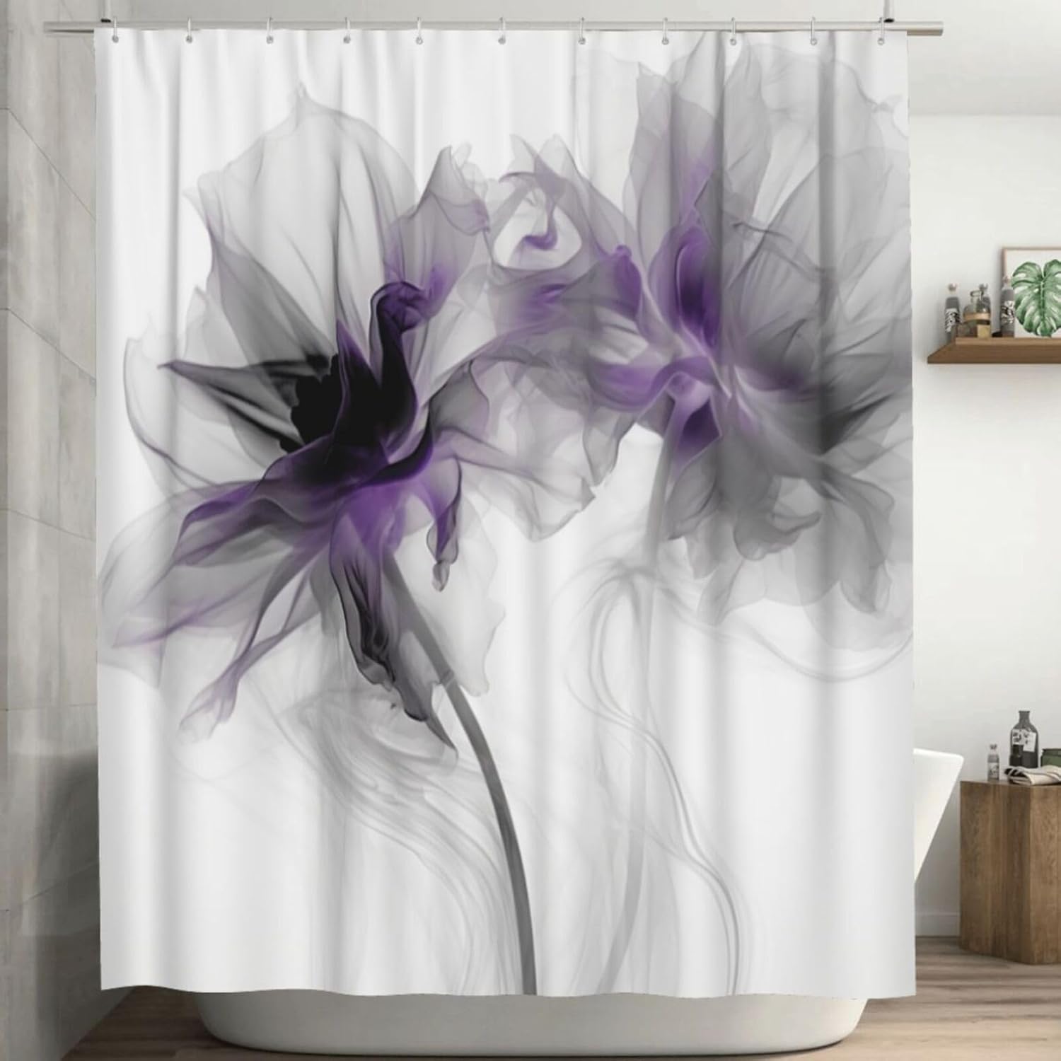 Abstract Flower Shower Curtain Set Dark Purple Boho Waterproof 72x72in with 12 Hooks