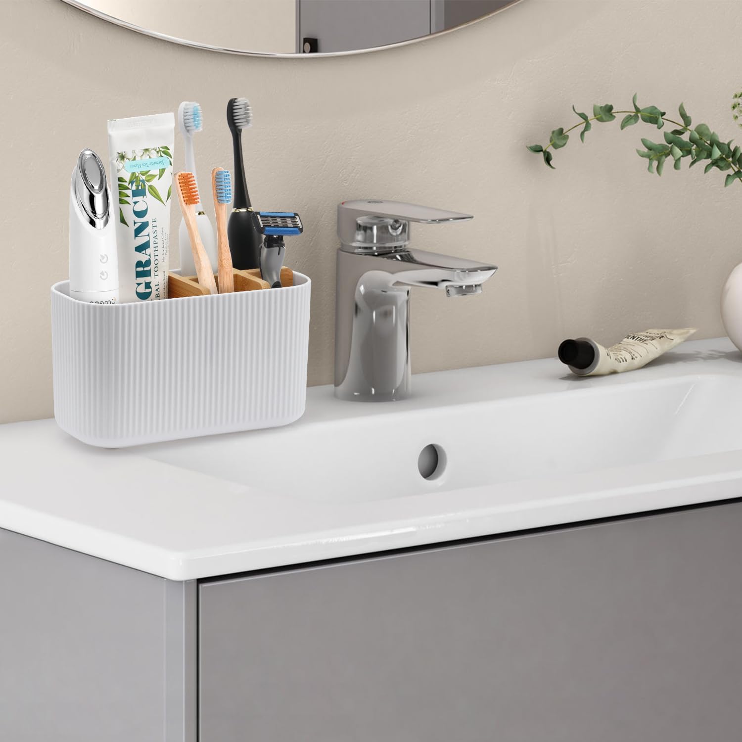White Toothbrush Holder - Bamboo Toothbrush Organizer for Bathrooms
