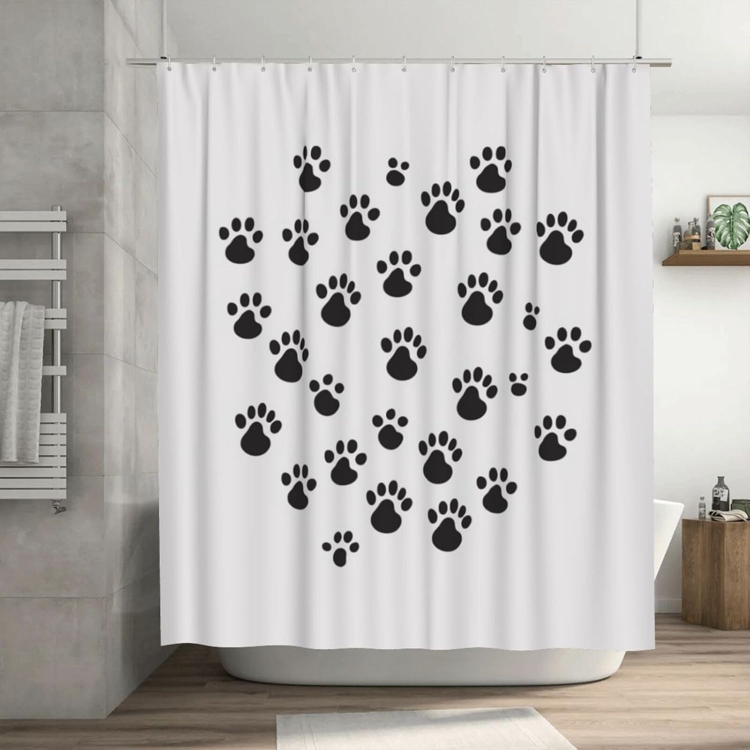 TIYAANDSY Black Paw Prints Waterproof Shower Curtain Set
